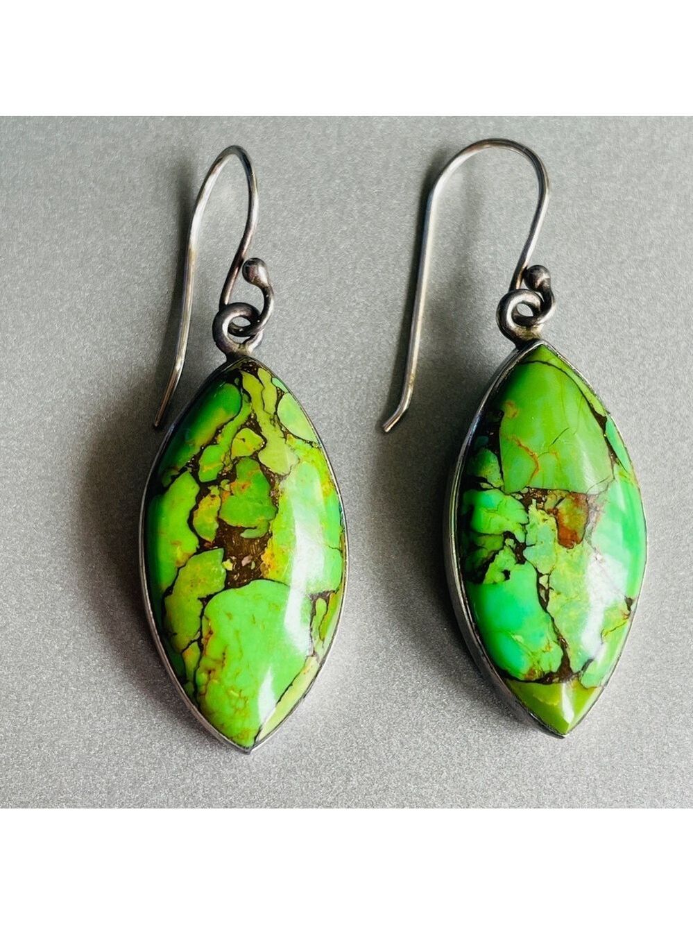 🎉Sold🎉 Green Copper Turquoise Sterling Silver Marquise Dangle Hook Earrings